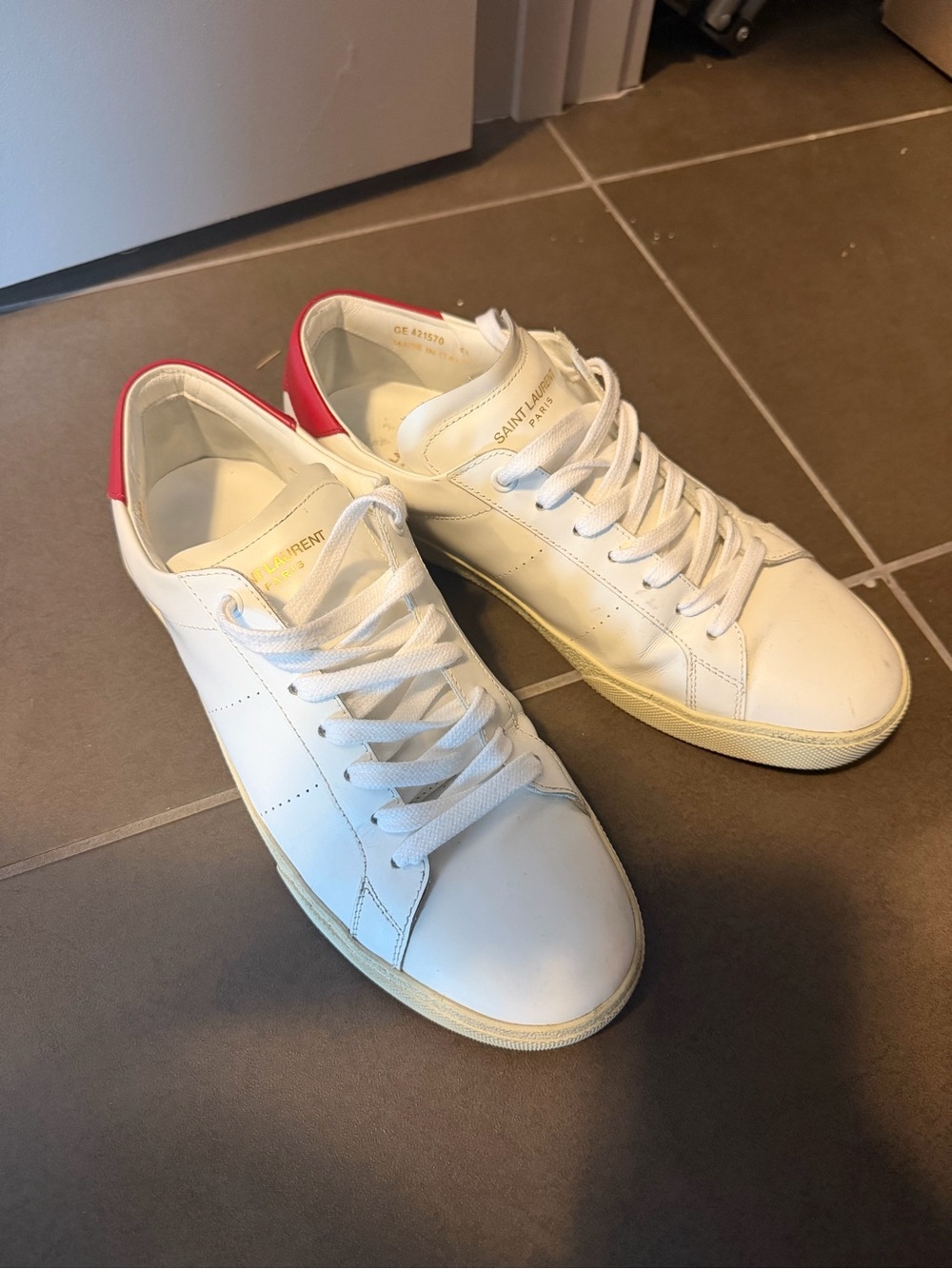 Saint Laurent White Leather Sneakers with Red Heel Patch - Men